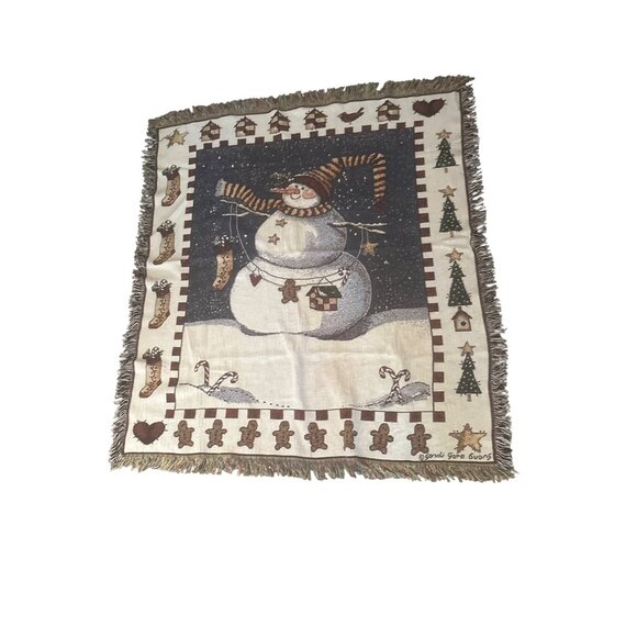 Sandra Gore Evans Woven Tapestry Throw Blanket Snowman & Cat Design 50"x60" Cott - Picture 1 of 4
